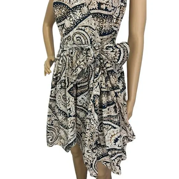 J. Crew Paisley Cotton Side Tie Dress Tan Navy Sleeveless 68682 Size 0 - Picture 9 of 12